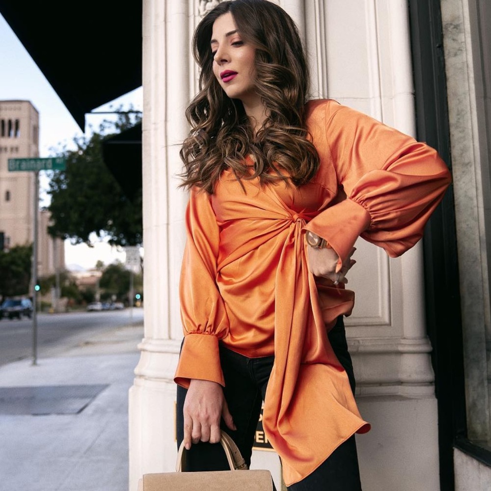Coral orange satin tie blouse